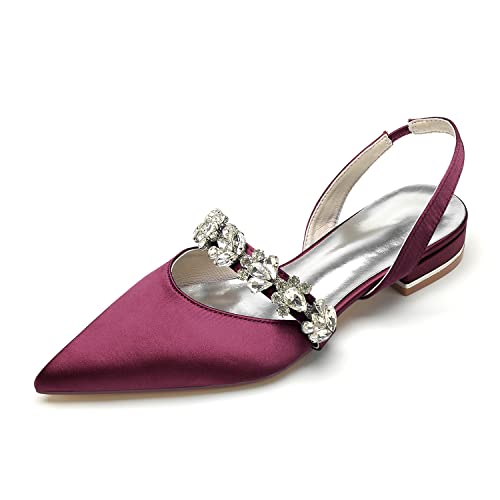 EICOFF Hochzeitsschuhe für Frauen Niedriger Absatz Satin Spitze Geschlossene Zehen Ballerinas Damen Strass Braut Gastkleid Schuhe,Burgundy,40 EU von EICOFF