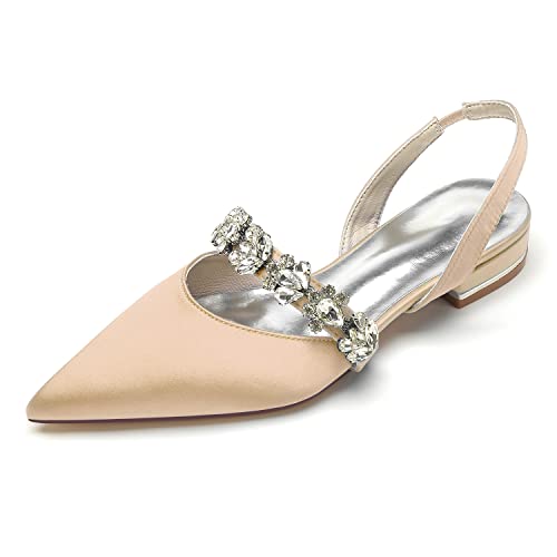 EICOFF Hochzeitsschuhe für Frauen Niedriger Absatz Satin Spitze Geschlossene Zehen Ballerinas Damen Strass Braut Gastkleid Schuhe,Champagne,37 EU von EICOFF