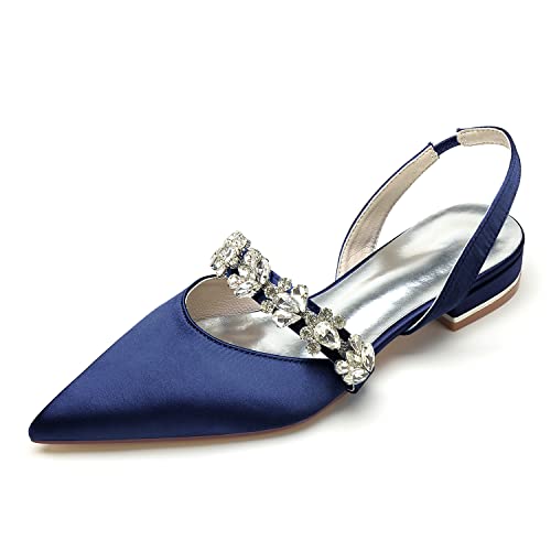 EICOFF Hochzeitsschuhe für Frauen Niedriger Absatz Satin Spitze Geschlossene Zehen Ballerinas Damen Strass Braut Gastkleid Schuhe,Dark Blue,39 EU von EICOFF