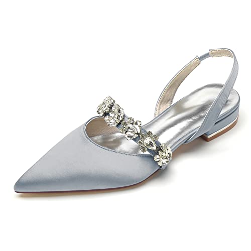 EICOFF Hochzeitsschuhe für Frauen Niedriger Absatz Satin Spitze Geschlossene Zehen Ballerinas Damen Strass Braut Gastkleid Schuhe,Silber,41 EU von EICOFF