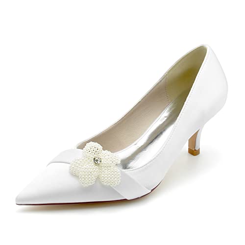 EICOFF Perle Blume Hochzeitsschuhe Damen High Heel Pumps Geschlossen Spitze Zehen Slip Auf Absatzschuhe Abend Party Kleid Schuhe,Weiß,40 EU von EICOFF