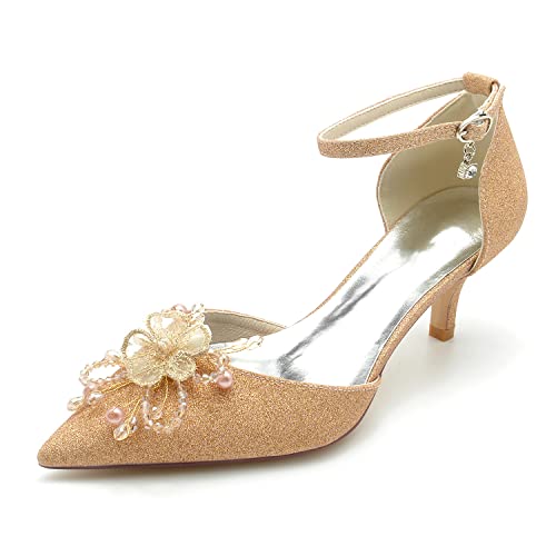 EICOFF Perlen Hochzeitsschuhe Damen Riemchen Pumps Geschlossene Spitze Zehen Absatz Brautschuhe Abende Kleid Partei Arbeitschuhe,Champagne,43 EU von EICOFF