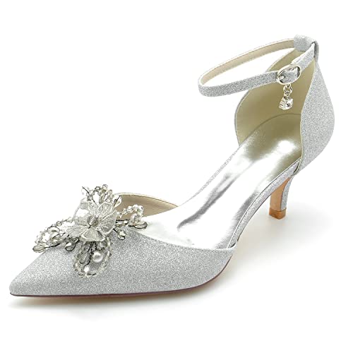 EICOFF Perlen Hochzeitsschuhe Damen Riemchen Pumps Geschlossene Spitze Zehen Absatz Brautschuhe Abende Kleid Partei Arbeitschuhe,Silber,37 EU von EICOFF