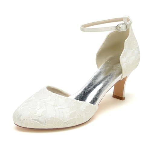 EICOFF Riemchenpumps Damen Spitze Satin Hochzeitsschuhe Geschlossene Zehe Brautschuhe Knöchelriemen Kitten Heels Pumps Arbeit Kleidschuhe,Elfenbein,39 EU von EICOFF