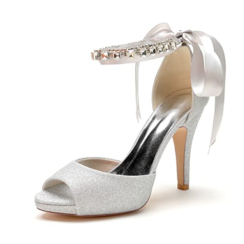 EICOFF Sandalen Damen Offene Zehen Schuhe Hochzeitsschuhe Knöchelriemen Stilettos High Heels Strass Brautschuhe Absatz Pumps,Silber,38 EU von EICOFF