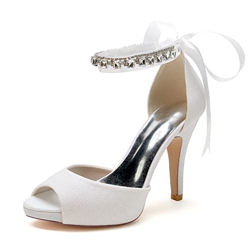 EICOFF Sandalen Damen Offene Zehen Schuhe Hochzeitsschuhe Knöchelriemen Stilettos High Heels Strass Brautschuhe Absatz Pumps,Weiß,38 EU von EICOFF