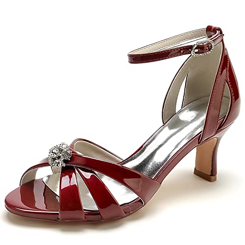 EICOFF Sandalen Damen Pumps Riemchen Hochzeitsschuhe mit Strass Offene Zehen Absatzschuhe Knöchelriemen Kleid Arbeit Brautschuhe,Burgundy,43 EU von EICOFF