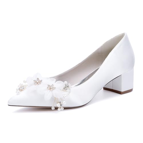 EICOFF Satin Brautschuhe Damen Geschlossene Spitze Zehen Hochzeitsschuhe Slip Auf Strass Blumen Blockabsatz Pumps Party Kleid Schuhe,Weiß,42 EU von EICOFF