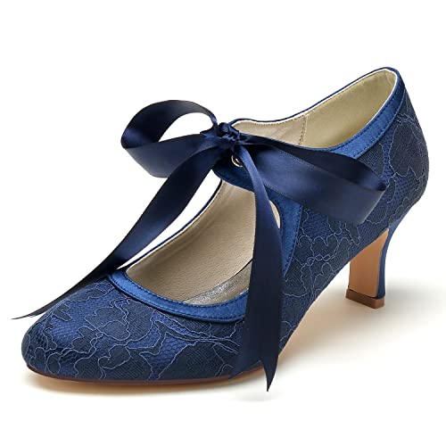 EICOFF Spitze Satin Brautschuhe Damen Geschlossene Zehe Hochzeitsschuhe Mittlere Kitten Heels Pumps Kleid Abschlussball Party Tanz Arbeitschuhe,Dark Blue,37 EU von EICOFF
