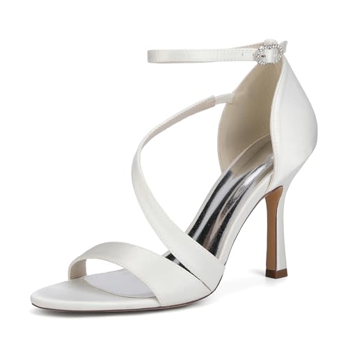 EICOFF Women's Ankle Strap Stiletto Sandals Ladies Open Toe Satin High Heel Shoes for Evening Gala Prom Nights and Festive Events,Elfenbein,42 EU von EICOFF