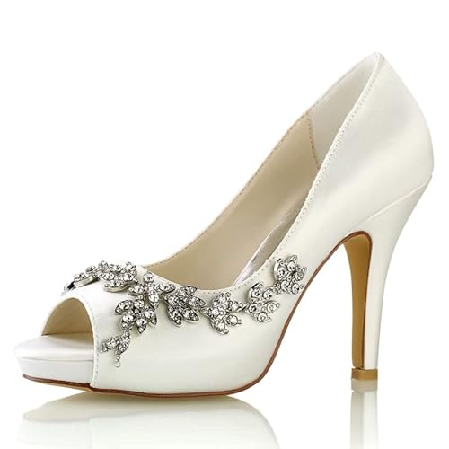 EICOFF Women's Peep Toe High Heels Satin Slip-on Pumps Rhinestone Bridal Wedding Shoes Party Work Special Occasions Formals Sandals,Elfenbein,36 EU von EICOFF