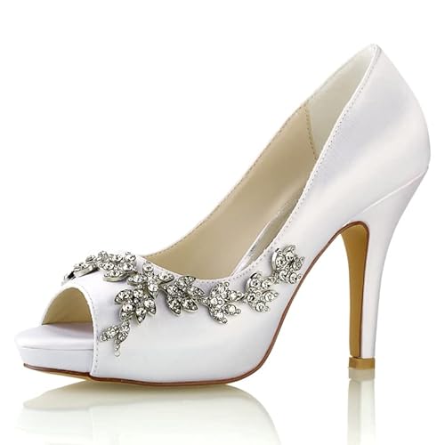 EICOFF Women's Peep Toe High Heels Satin Slip-on Pumps Rhinestone Bridal Wedding Shoes Party Work Special Occasions Formals Sandals,Weiß,38 EU von EICOFF
