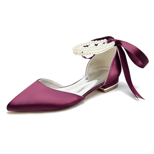 EICOFF Women's Pointed Toe Flats for Bride Closed Toe Low Heel Court Shoes Satin Pearl Ankle Strap Wedding Party Dress Sandals,Burgundy,38 EU von EICOFF