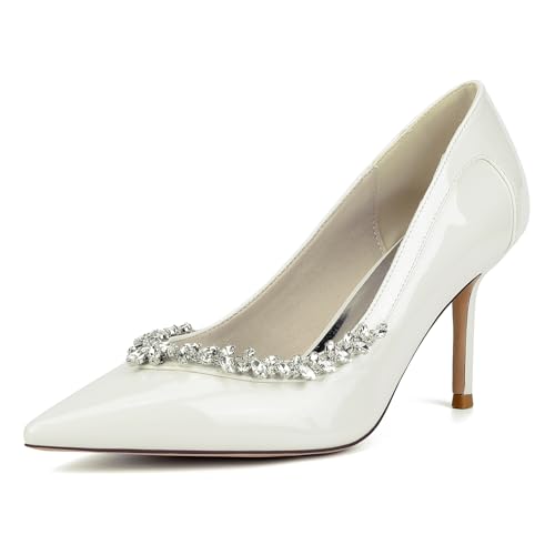 EICOFF Women's Pointed Toe Rhinestone Pumps Ladies Closed Toe High Heels Bridal Shoes for Evening Party Prom,Beige,40 EU von EICOFF