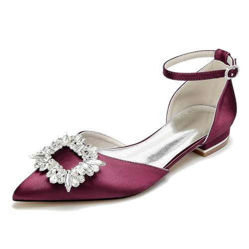 EICOFF Women's Pointed Toe Wedding Shoes Low Heel Ankle Strap Flats Closed Pointed Toe Rhinestone Bridal Sandals Evening Prom Dress Shoes,Burgundy,42 EU von EICOFF