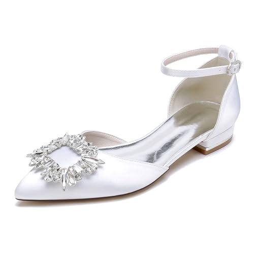 EICOFF Women's Pointed Toe Wedding Shoes Low Heel Ankle Strap Flats Closed Pointed Toe Rhinestone Bridal Sandals Evening Prom Dress Shoes,Weiß,38 EU von EICOFF