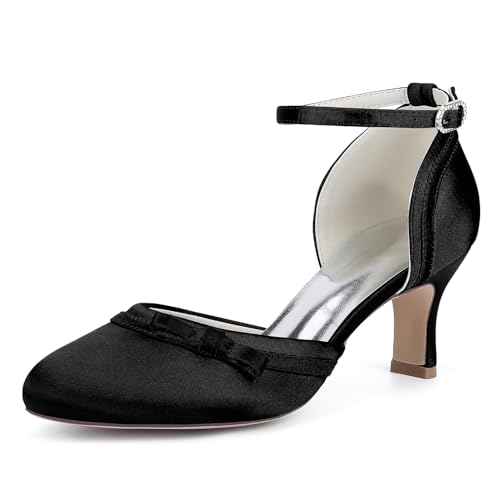 EICOFF Women's Round Toe Pumps Mid Heel Ankle Strap Adjustable Buckle Kitten Heel Sandals for Bridal Wedding Evening Party Prom,Schwarz,39 EU von EICOFF