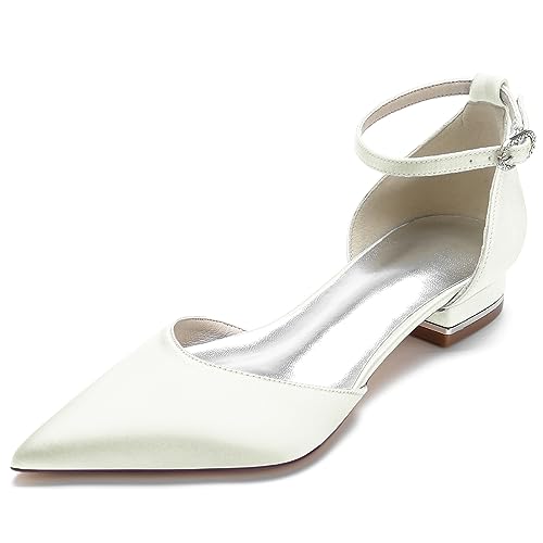 Flach Brautschuhe Damen Elegant Pumps mit Riemchen Pointed Closed Toe Hochzeitsschuhe,Elfenbein,41 EU von EICOFF