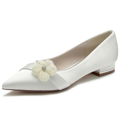 Hochzeitsschuhe Damen Pumps Satin Geschlossene Zehen Brautschuhe Flach Schuhe für Hochzeit,Elfenbein,37 EU von EICOFF