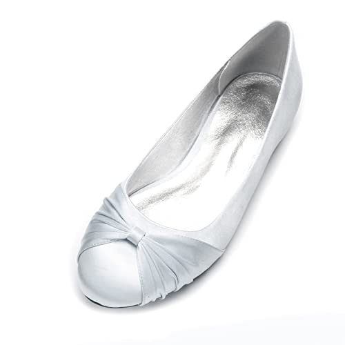 Hochzeitsschuhe Flache Damen Geschlossene Zehen Frauen Flache Hochzeitsschuhe Slip On Brautschuhe Satin Hochzeit Brautschuhe,Silber,40 EU von EICOFF