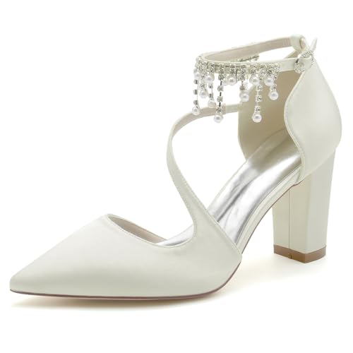 Pumps Damen Satin Strap Hochzeitsschuhe Brautschuhe Blockabsatz,Elfenbein,42 EU von EICOFF