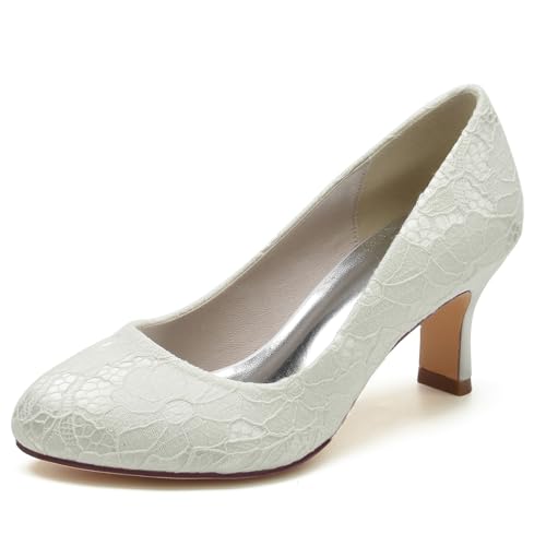 Spitze Brautschuhe Geschlossene Hochzeit Schuhe Absatz Pumps,Elfenbein,38 EU von EICOFF