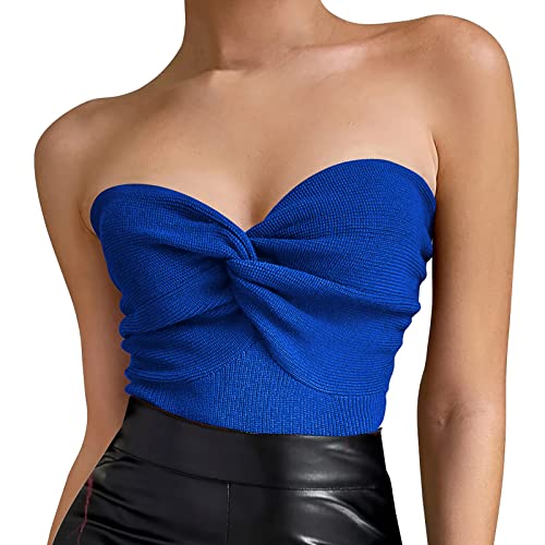 Damen Sexy Crop Tops Trägerlos Twisted Front Rippstrick Tube Top Ärmellos Herzausschnitt Y2K Camisole Tank Top, königsblau, Klein von EIFFELT