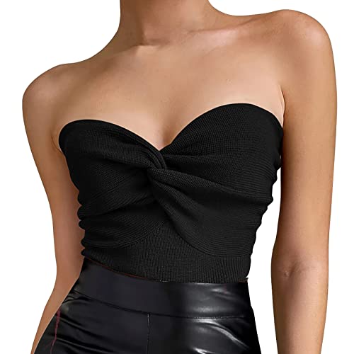 Damen Sexy Crop Tops Trägerlos Twisted Front Rippstrick Tube Top Ärmellos Herzausschnitt Y2K Camisole Tank Top, schwarz, Groß von EIFFELT