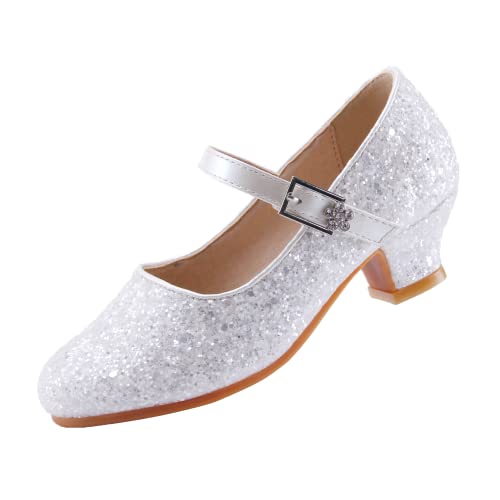 EIGHT KM Mädchen High Heel Kleid Schuhe Mary Jane Prinzessin Hochzeit Pumps Schuhe EKM7015 Sparkle Glitter Cinderella Weiß Größe EU 27 von EIGHT KM