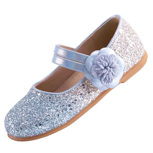 EIGHT KM Kleinkind Mädchen Kleid Schuhe Ballerinas Mary Jane Hochzeit Prinzessin Schuhe EKM7063 Sparkly Glitter Flower Camellia Allmähliches Blau EU Größe 25 von EIGHT KM
