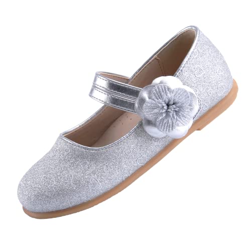 EIGHT KM Kleinkind Mädchen Kleid Schuhe Mary Jane Prinzessin Hochzeit Ballerinas Schuhe EKM7063 Sparkly Glitter Flower Camellia Herz Silber EU Größe 22 von EIGHT KM