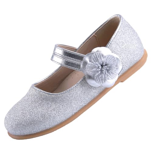 EIGHT KM Kleinkind Mädchen Kleid Schuhe Ballerinas Mary Jane Hochzeit Prinzessin Schuhe EKM7063 Sparkly Glitter Flower Camellia Herz Silber EU Größe 24 von EIGHT KM