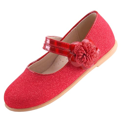 EIGHT KM Kleinkind Mädchen Kleid Schuhe Ballerinas Mary Jane Hochzeit Prinzessin Schuhe EKM7063 Sparkly Glitter Flower Camellia Minerva Rot EU Größe 27 von EIGHT KM