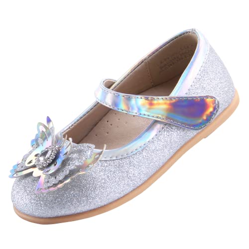 EIGHT KM Kleinkind Mädchen Kleid Schuhe Mary Jane Prinzessin Hochzeit Ballerinas Schuhe EKM7063 Sparkly Glitter Schmetterling Minerva Silber EU Größe 22 von EIGHT KM