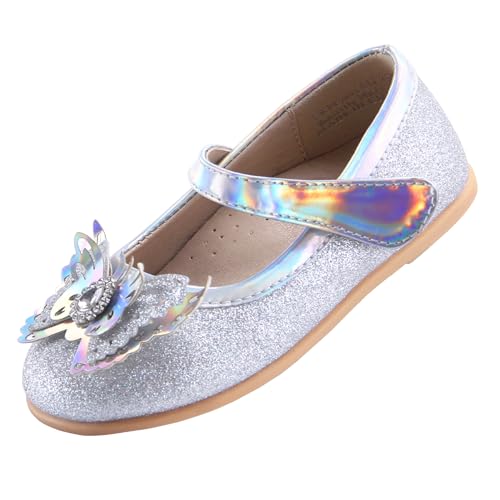 EIGHT KM Kleinkind Mädchen Kleid Schuhe Mary Jane Prinzessin Hochzeit Ballerinas Schuhe EKM7063 Sparkly Glitter Schmetterling Minerva Silber EU Größe 27 von EIGHT KM