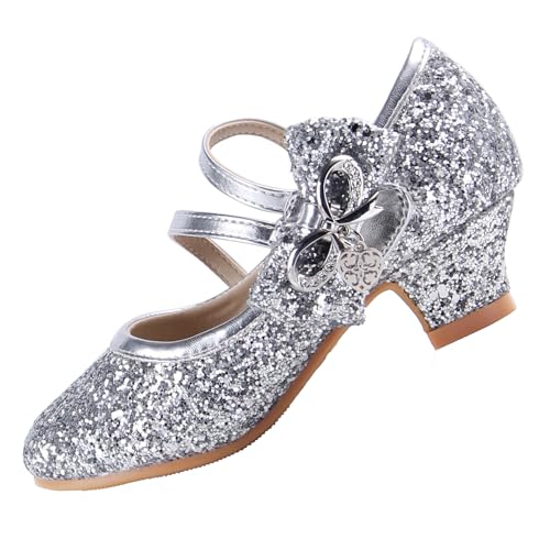 EIGHT KM Mädchen High Heel Dress Schuhe Mary Jane Prinzessin Hochzeit Party Pumps EKM7035 Funkelnde Glitzernde Kristall Metallic Schleife Silber EU Größe 24 von EIGHT KM