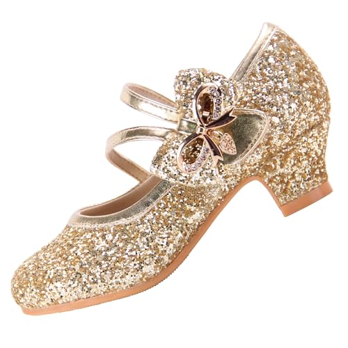 EIGHT KM Mädchen High Heel Dress Schuhe Mary Jane Prinzessin Hochzeit Party Pumps EKM7035 Glitzernde Kristall Metallic Schleife Gold EU Größe 24 von EIGHT KM