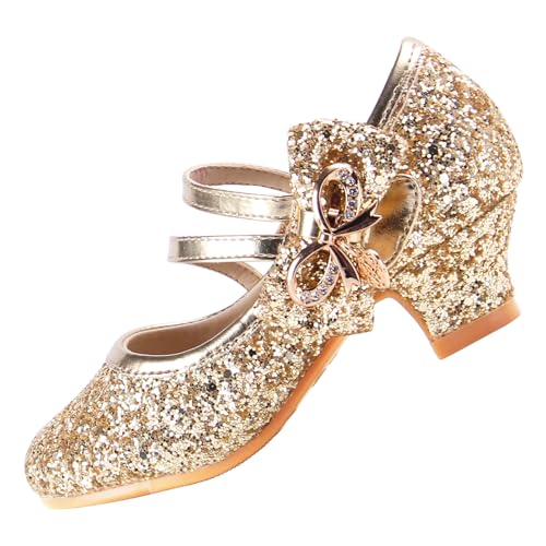 EIGHT KM Mädchen High Heel Dress Schuhe Mary Jane Prinzessin Hochzeit Party Pumps EKM7035 Glitzernde Kristall Metallic Schleife Gold EU Größe 31 von EIGHT KM