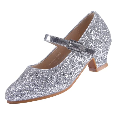 EIGHT KM Mädchen High Heel Kleid Schuhe Mary Jane Prinzessin Hochzeit Pump Schuhe EKM7015 Sparkle Glitter Kristall Silber Größe EU 24 von EIGHT KM