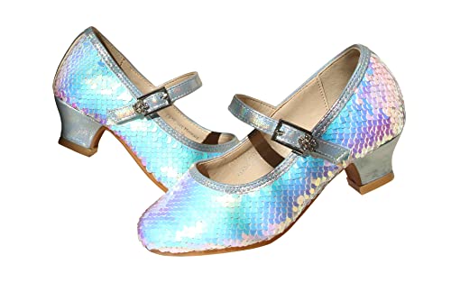 EIGHT KM Mädchen High Heel Kleid Schuhe Mary Jane Prinzessin Hochzeit Pumps Schuhe EKM7015 Glänzende Pailletten Meerjungfrau Perle Blau Größe EU 37 von EIGHT KM