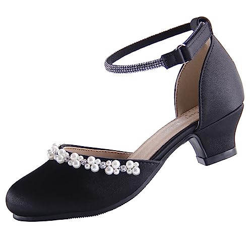 EIGHT KM Mädchen High Heel Kleidschuhe Hochzeit Party Pumps Prinzessin Schuhe EKM7033 Perlsseide Glatte Glänzende Schwarz EU Größe 33 von EIGHT KM