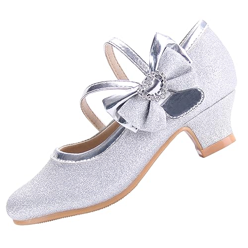 EIGHT KM Mädchen High Heel Kleidschuhe Mary Jane Prinzessin Hochzeit Party Pumps Schuhe EKM7035 Funkelndes Glitzer Herz Diamant Schleife Silber EU Kleinkind Größe 24 von EIGHT KM