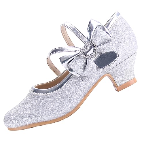 EIGHT KM Mädchen High Heel Kleidschuhe Mary Jane Prinzessin Hochzeit Party Pumps Schuhe EKM7035 Funkelndes Glitzer Herz Diamant Schleife Silber EU Kleinkind Größe 28 von EIGHT KM