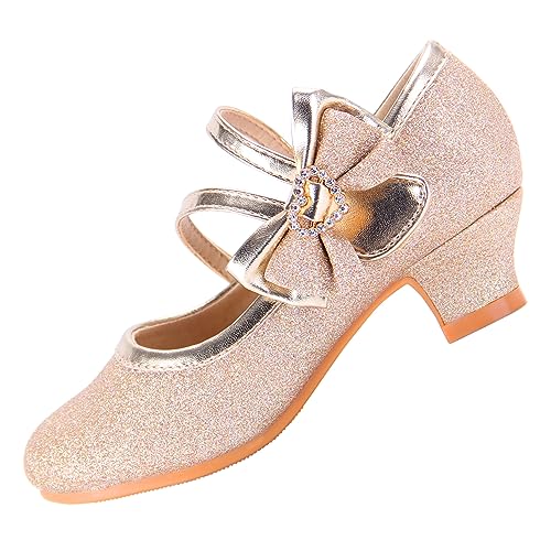 EIGHT KM Mädchen High Heel Kleidschuhe Mary Jane Prinzessin Hochzeit Party Pumps Schuhe EKM7035 Glitzerndes Herz Diamant Schleife Gold EU Kleinkind Größe 27 von EIGHT KM