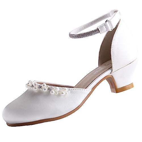 EIGHT KM Mädchen High Heel Kleidschuhe Prinzessin Hochzeit Party Pumps Schuhe EKM7033 Glatte Glänzende Perlsseide Elfenbein EU Größe 24 von EIGHT KM