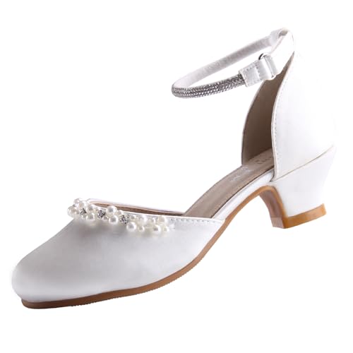 EIGHT KM Mädchen Kleidschuhe High Heel Hochzeit Party Pumps Prinzessin Schuhe EKM7033 Glatte Glänzende Perlsseide Elfenbein EU Größe 35 von EIGHT KM