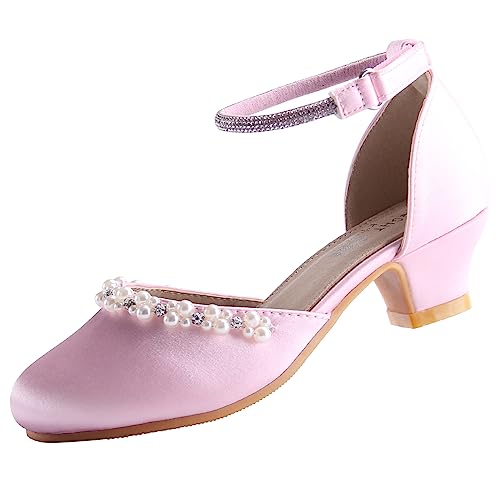 EIGHT KM Mädchen High Heel Kleidschuhe Prinzessin Hochzeit Party Pumps Schuhe EKM7033 Glatte Glänzende Perlsseide Pink EU Größe 26 von EIGHT KM