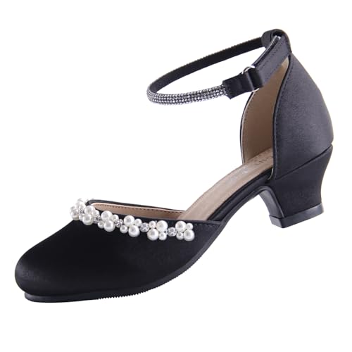 EIGHT KM Mädchen Kleidschuhe High Heel Hochzeit Party Pumps Prinzessin Schuhe EKM7033 Glatte Glänzende Perlsseide Schwarz EU Größe 35 von EIGHT KM