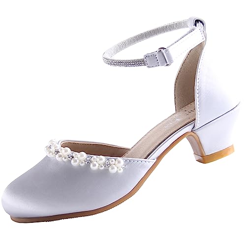 EIGHT KM Mädchen High Heel Kleidschuhe Prinzessin Hochzeit Party Pumps Schuhe EKM7033 Glatte Glänzende Perlsseide Silber EU Größe 28 von EIGHT KM