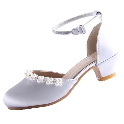 EIGHT KM Mädchen Kleidschuhe High Heel Hochzeit Party Pumps Prinzessin Schuhe EKM7033 Glatte Glänzende Perlsseide Silber EU Größe 28 von EIGHT KM